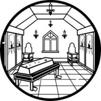 A black and white drawing of a room with a casket vector