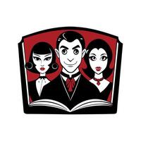 A cartoon of three people in a book vector