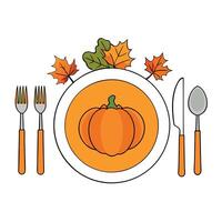 Thanksgiving dinner plate with pumpkin and leaves vector