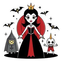 A cartoon vampire queen with a skeleton and bat vector