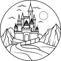 A castle in the middle of a mountain coloring page vector