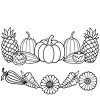 A coloring page with pumpkins, pineapples, and other fall decorations vector