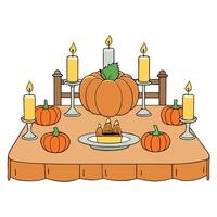 A table with candles and pumpkins on it vector