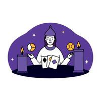 A purple illustration of a magician with a deck of cards vector