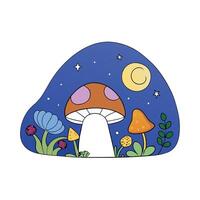 A cartoon mushroom and flowers in the night sky vector