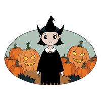 A cartoon witch standing in front of pumpkins vector