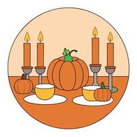 A round table with a pumpkin, candles and tea vector