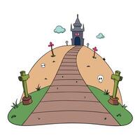 A cartoon graveyard with a path leading to a castle vector