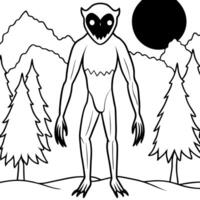 A cartoon monster standing in the woods with trees and mountains vector