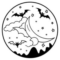 A black and white drawing of a moon and bats vector