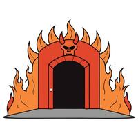 A cartoon door with flames and a devil face vector