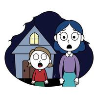 A cartoon woman and child standing in front of a house vector