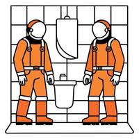 Two men in orange overalls standing next to a toilet vector