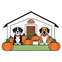 Two dogs sitting in front of a house with pumpkins vector