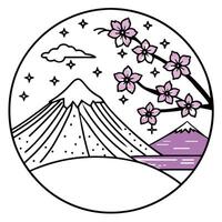A circle with a mountain and flowers in it vector