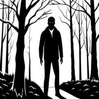 A man is walking through the woods in black and white vector