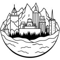 A black and white drawing of a city in the mountains vector