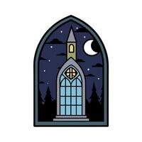 A church window at night with a moon and trees vector