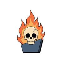A cartoon skull with flames on it vector