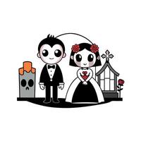 A cartoon couple in wedding attire standing in front of a graveyard vector