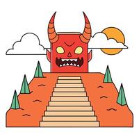 A cartoon devil with a red face and horns on top of a mountain vector