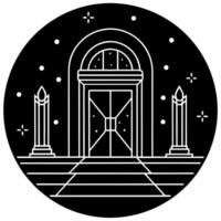 A black and white illustration of a door with columns vector