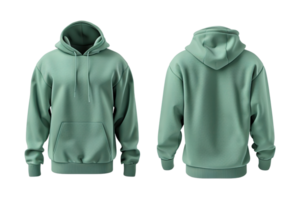 Green hooded sweatshirt mock-up, front and back views on transparent background. png