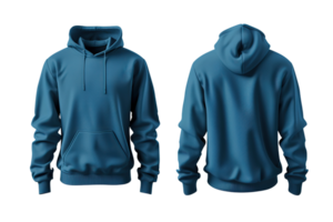Blue hoodie mock-up, front and back view on transparent background. png