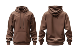 Brown hoodie mock-up, front and back view on transparent background. png