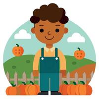 A boy standing in a pumpkin patch vector
