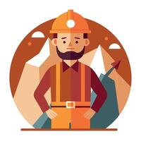A man in a hard hat and overalls standing in front of mountains vector