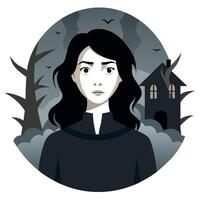 A woman in a black dress with a house in the background vector