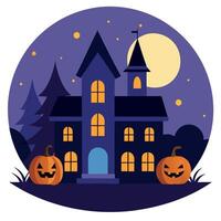 Halloween house with pumpkins and moon on background vector