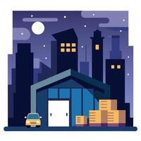An illustration of a warehouse with boxes and a car vector