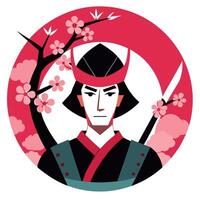 A cartoon samurai with a red hat and a cherry blossom tree vector