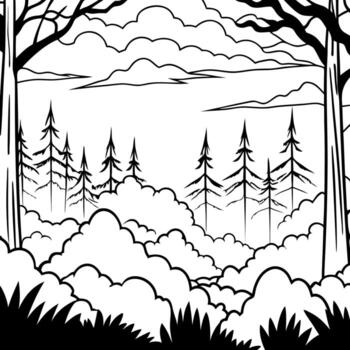 A black and white drawing of trees and clouds vector