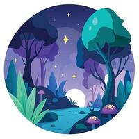 A forest scene with mushrooms and trees at night vector