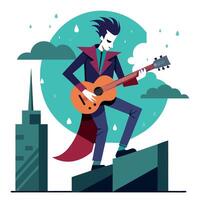 A cartoon joker playing guitar in the rain vector