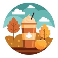 An autumn cup of coffee with pumpkins and leaves vector