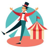 A man in a top hat and top hat is standing on a circus tent vector