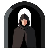A man in a hooded robe standing in front of a door vector