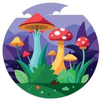 Mushrooms in the forest with plants and trees vector