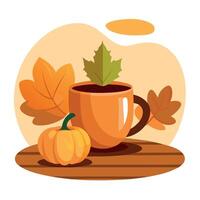 Autumn cup of coffee and pumpkin on wooden table with leaves vector
