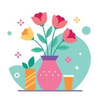 A vase with flowers and a glass of wine vector