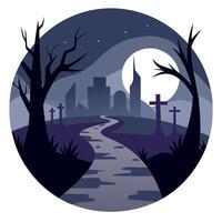 Halloween night scene with graveyard, cemetery and graveyard path illustration vector