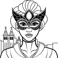 A woman in a mask with a city in the background coloring page vector
