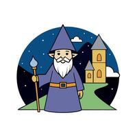 A cartoon wizard with a staff and a castle in the background vector