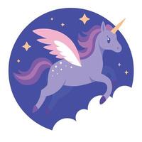 A purple unicorn flying in the sky with stars vector