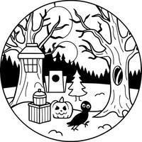 A black and white coloring page with a tree and a bird vector