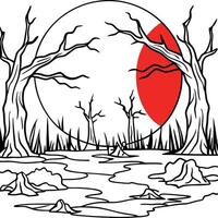 A full moon in the forest with trees and water vector